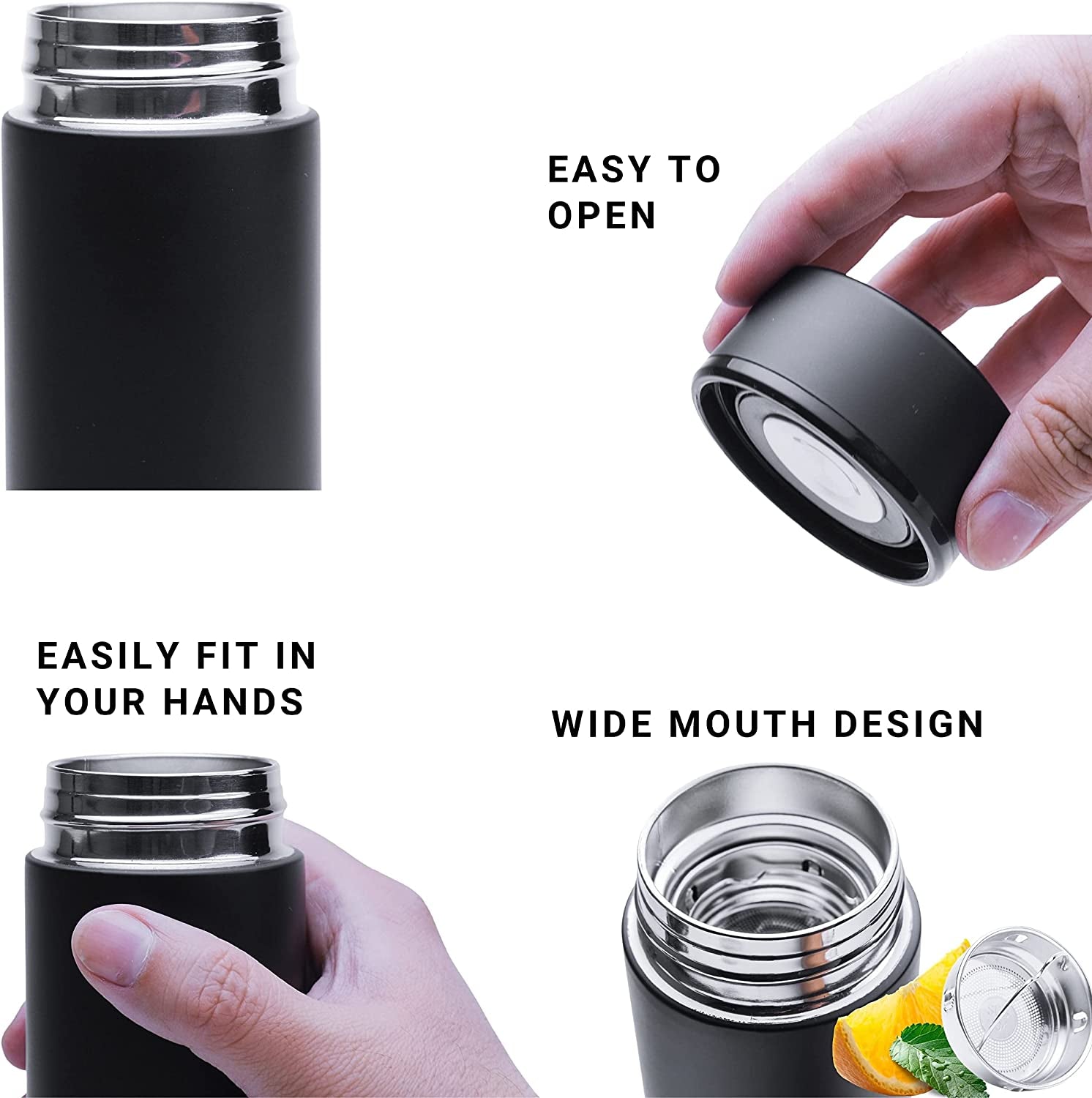 Stainless Steel Insulated Water Bottle Black 17Oz. (500Ml) - Vacuum Insulated Travel and Sports Bottle with Lid and Removable Filter for Hot or Cold Drinks