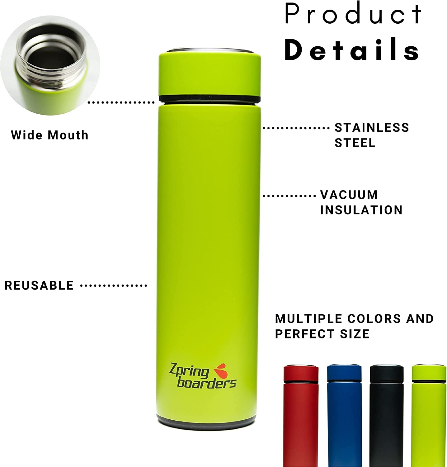 Stainless Steel Insulated Water Bottle Black 17Oz. (500Ml) - Vacuum Insulated Travel and Sports Bottle with Lid and Removable Filter for Hot or Cold Drinks