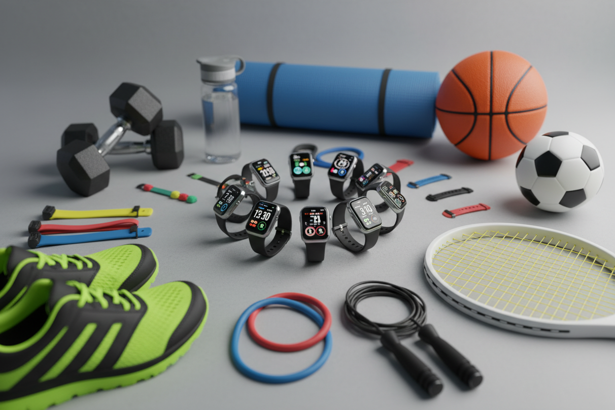 Smart watches with a lot of sports equipment around it